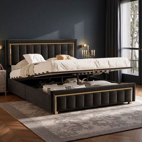 Lit double 140x200 cm - DANS LES NUAGES - Velours noir - Cadre avec rangement - Design élégant (1/5)