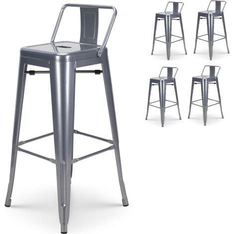 Lot de 4 tabourets de bar en métal silver avec dossier - Hauteur 76 cm
