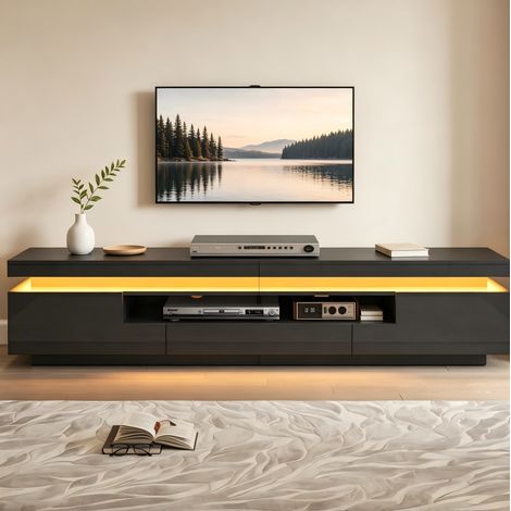 Mueble para TV de 175x38x45 cm, para LED, con 2 armarios, 1 cajón y espacio de almacenamiento semiabierto, color negro brillante. (1/5)