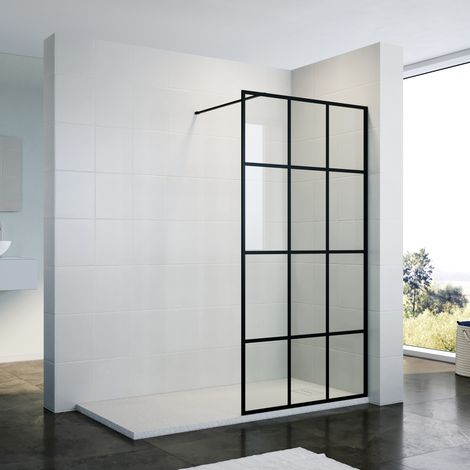 ELEGANT Bathroom Walkin Shower Enclosure Cubicle Black Grid Painted 8mm Tempered Toughened Glass 900mm Shower Screen with 1500x900mm SMC Tray + Waste Trap (1/5)
