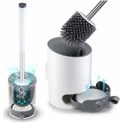 Brosse de toilette avec support mural, brosse de toilette moderne améliorée blanche, ensemble de brosse de toilette de salle de bain brosse à poils en silicone avec tapis de diatomite et pinc (1/5)