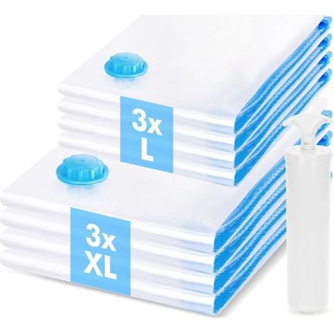 6-teiliges Set Vakuumierbeutel für Kleidung, 3 XL + 3 L Vakuumbeutel, Vakuumbeutel für Kleidung, Bettdecken, Bettwäsche, Kissen, inklusive Handpumpe