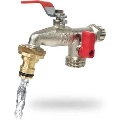 Robinet de Jardin Premium à Double Sortie 1/2" - 3/4" Pinceau, Laiton, Argent (1/4)