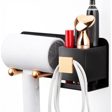 Support Seche Cheveux Noir Or, Espace Aluminium Porte Seche Cheveux Mural sans Perçage, Multifonctionnel Porte Seche Cheveux avec Rangement et Cercle de Corde pour Hôtel Chambre Salle de Bain (1/5)