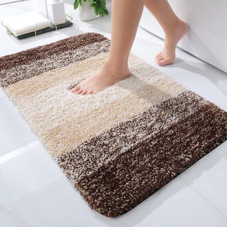 Tapis de Bain Doux - 40 x 60 cm - Antidérapant - Lavable - Tapis de Bain Moelleux à Poils Longs en Microfibre Absorbant - Marron (1/5)