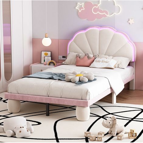 MEUBLIV Cadre de lit 90x200 cm beige et rose – tête de lit ondulée LED, sans matelas (1/5)