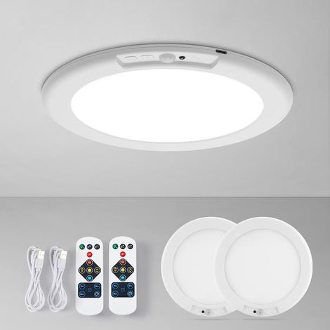 Plafonnier LED Sans Fil avec Détecteur de Mouvement, Lot de 2 6000mAh Rechargeable Plafonnier a Pile avec Télécommande, Sans Percer, 3 Couleurs Dimmable, pour Escalier Couloir (1/5)