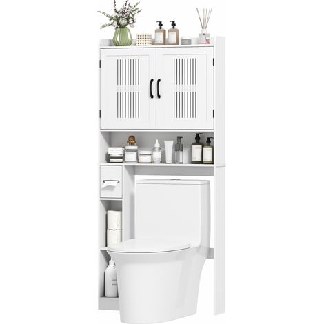 Meuble vasque WC avec double porte et porte-papier toilette, 80 x 19,5 x 170 cm, blanc