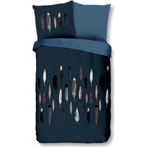 Parure de lit pour enfant 2 pièces avec housse de couette 135 x 200 cm et taie d'oreiller 80 x 80 cm plumes bleues (1/4)