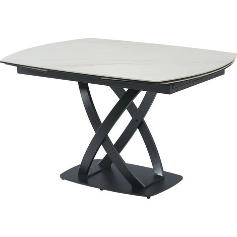 Vente-Unique – Table extensible 4 à 8 personnes en céramique et verre trempé – Effet marbre blanc et noir – Rallonge coulissante automatique – Intérieur (1/5)