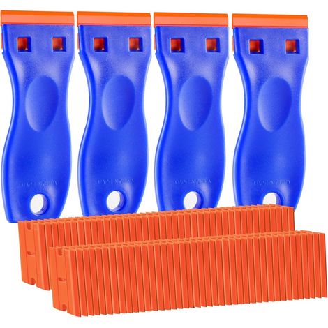 Grattoir en plastique avec 100 lames de rasoir + 4 manches bleus – Dissolvant de colle et d'adhésif sans rayures (1/5)