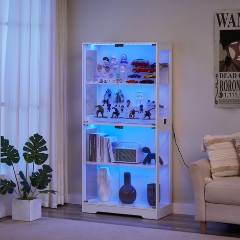 Vitrine 80 x 35 x 165 cm – Aufbewahrungsmöbel aus Glas und MDF mit dreifarbiger LED-Beleuchtung und Sensor – Weiß (1/5)