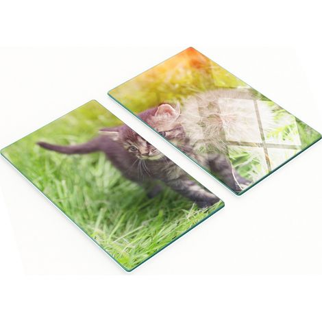 Tableros de vidrio duraderos y elegantes con estampado de gatitos y dientes de le贸n, 2x30x52 cm.