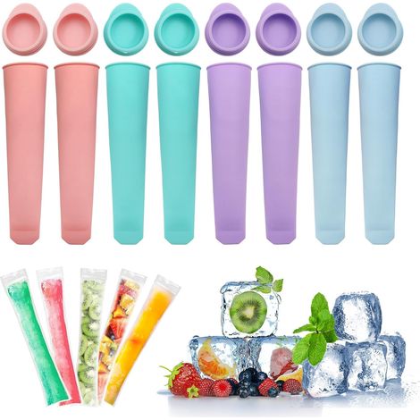 Lot de 8 Moule à Glace en Silicone(4 couleurs), Popsicle Mold Réutilisables avec 20 Pcs Moule Sacs Popsicle, parfaits pour les enfants et les adultes (1/5)