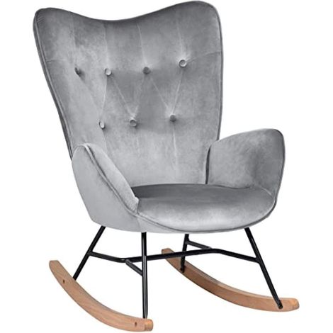 Fauteuil à Bascule Chaise Loisir et Repos Salon Salle à Manger Pieds Bois Métal, Gris Velours, 68x87x98cm (1/5)