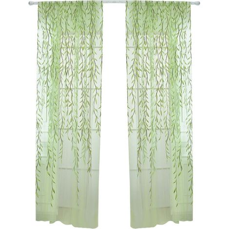 Rideau osier imprimé vert - Voile - Broderie vintage transparent - 100 x 270 cm - Chambre vert (1/5)