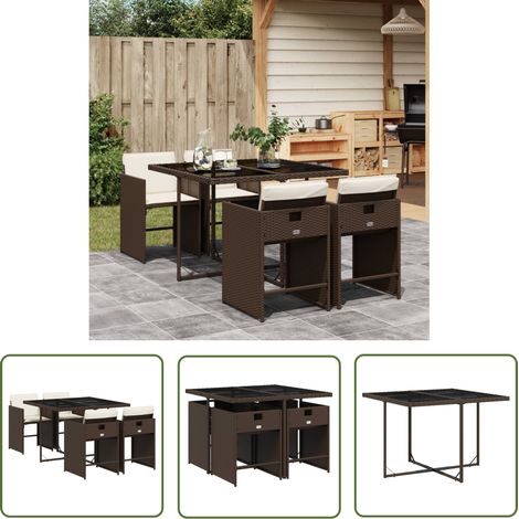 The Living Store 5-tlg. Garten-Essgruppe mit Kissen Braun Poly Rattan - Gartentisch - Gartenmöbel - Essgruppe - Outdoor Möbel - Terrassenmöbel (1/5)