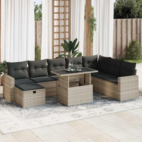 Set muebles jardín 9 pzas y cojines ratán sintético gris claro vidaXL (1/5)