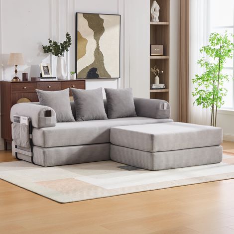 Sofá modular de pana gris claro con ottoman, estructura metálica, bolsillo lateral y 3 cojines (1/5)