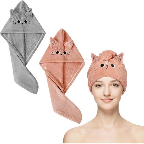 Lot de 2 serviettes en microfibre - Séchage rapide - Absorbant - Mignon - Pour cheveux bouclés - Rose foncé gris - Chat pour femmes et filles (1/5)