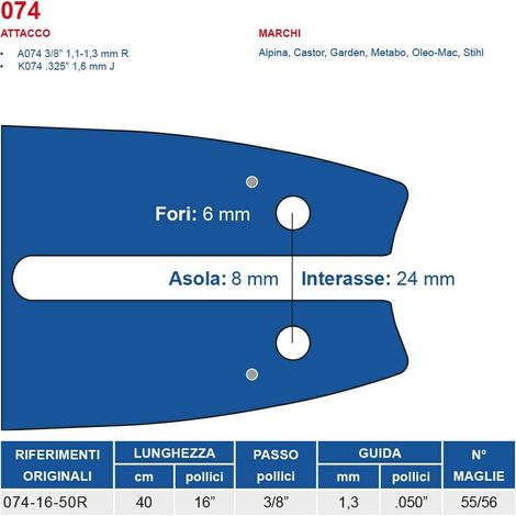 Barra motosega 40 cm - 16" passo 3/8", spessore 1.3 mm - .050" attacco 074, 55/56 maglie 452728