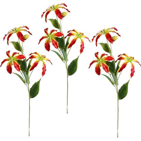 Fleurs Artificielles 3 Pièces Lilium Flame Corail Sunset Rouge Décoration Mariage Salle (1/5)