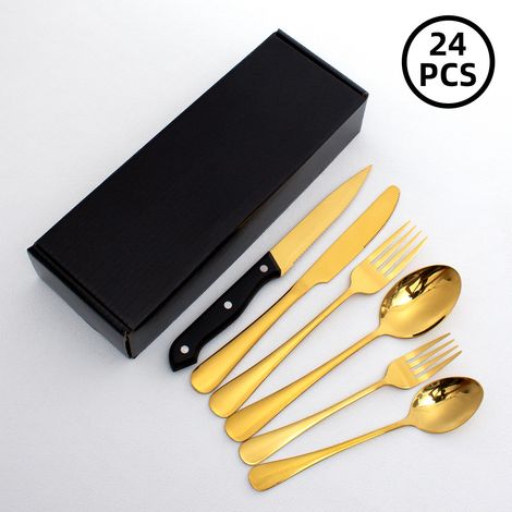 (Ensemble de 24 pièces - doré) Ensemble de couverts en acier inoxydable, comprenant couteaux, fourchettes et cuillères