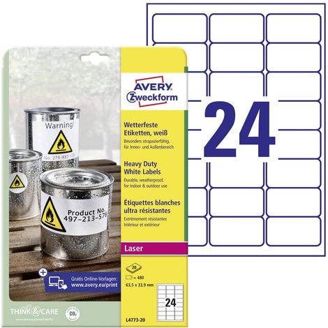 Avery-Zweckform L4773-20 Etichetta a pellicola 63.5 x 33.9 mm Pellicola in poliestere Bianco 480 pz. A tenuta permanent (1/5)