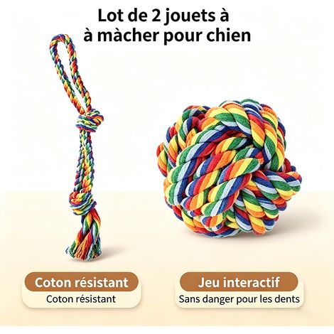 Jouet à mâcher pour chien en corde de coton multicolore, ensemble nœud 32 cm 55 g et balle 7 cm 75 g, anti-tartre et résistant - Arc-en-ciel (1/5)
