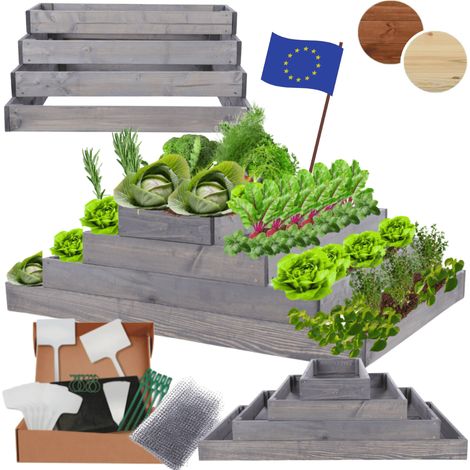 MODO24 ZP09 Carré potager surélevé en escalier modulable, bois de pin, herbes/légumes, jardin/terrasse/balcon, 36x117x60 cm, gris