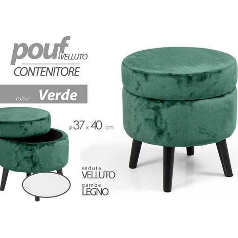 TRADE SHOP - Pouf Contenitore Poggiapiedi Sgabello Pouff Velluto Legno Verde 40x37cm 801709 - (1/2)