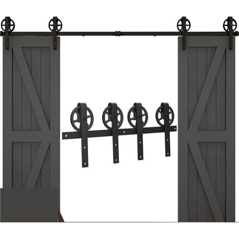 Kit de quincaillerie pour porte de grange Kit de quincaillerie for porte de grange coulissante, robuste, facile à installer, facile à installer, panneau de porte double, grande roue, rouleaux en J noi (1/5)