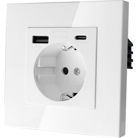 Enchufe empotrado de 8,5 x 8,5 cm con puerto USB,enchufe individual blanco con USB,enchufe de cristal con puertos USB tipo A y tipo C (1/5)