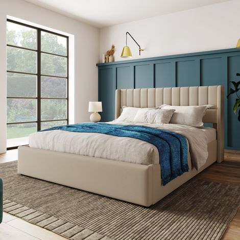 Letto contenitore moderno 160x200 cm in lino beige, testiera imbottita, rete a doghe sollevabile con pistone (1/5)