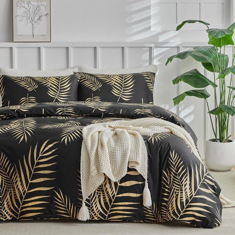 Ensemble de literie King Size 230x220 cm avec motif de feuilles tropicales, microfibre, noir/or