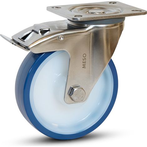 Roulette pivotante freinée - MESO - PU bleu inox - Platine - 125mm - 220kg (1/2)