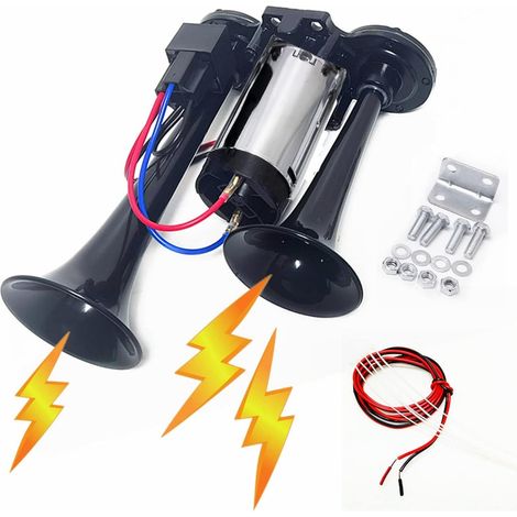 Klaxon à Air Double Tube 170dB Pour Camion, Voiture, Bateau, Moto, Yacht - Haut-Parleur Électrique 12V Étanche Noir (1/5)
