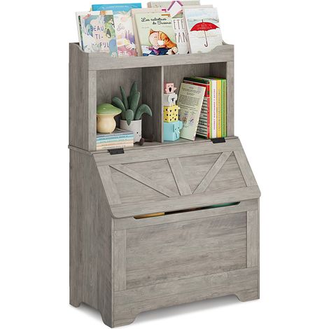 Pratique et spacieux – Bibliothèque enfant 3 étagères avec coffre à jouets bois – Rangement sécurisé et polyvalent pour chambre, salle de jeux, maternelle ou crèche – Couleur : gris (1/5)