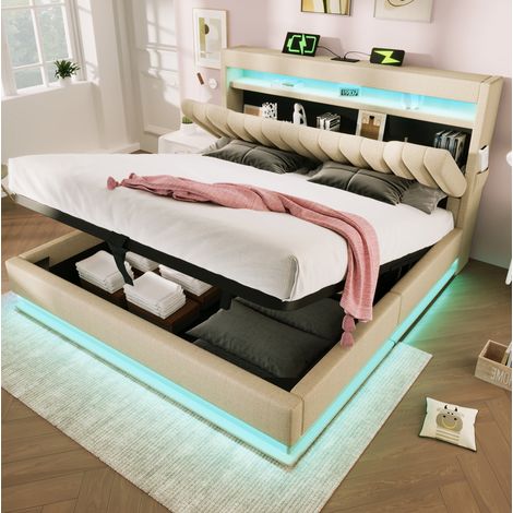 lit coffre 140x190 avec LED, USB et rangement en lin beige HAVRYA (1/5)