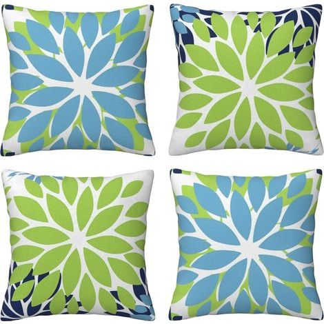 Taies d'oreiller décoratives à motifs floraux verts et bleus, 45 x 45 cm, ensemble de 4 pièces, taies d'oreiller en lin imperméables, adaptées au salon, à la terrasse, au jardin - compatibles avec les (1/2)