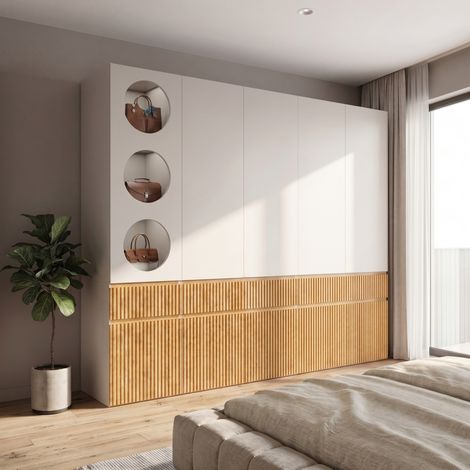 Armadio 225x50x202 cm in MDF rovere chiaro/grigio, 10 ante, per camera – MEUBLIV (1/5)