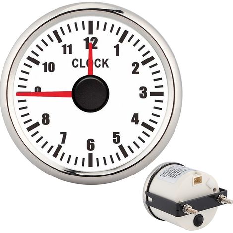 Compteur horaire universel 5 cm (0-12 heures) avec affichage rétroéclairé rouge, 12 V/24 V, pour voiture, bateau ou yacht. Cadran blanc et cadre argenté. (1/5)