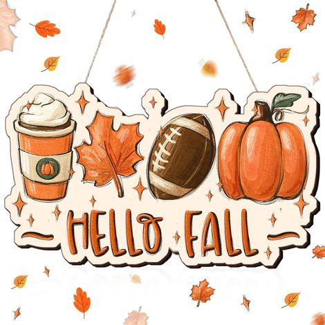 Panneau décoratif en bois à suspendre « Bonjour l'automne » - 35 x 20 cm, peint à la main, avec citrouille, feuille d'érable, café et ballon de football. Décoration pour porche ou extérieur, idéale po (1/5)
