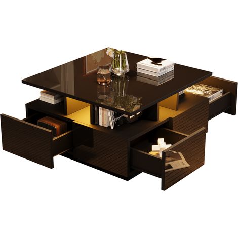 Couchtisch mit 4 Schubladen und LED, Hochglanz Schwarz, Geometrisches Design, aus Spanplatte, 70×70×40 cm (1/5)