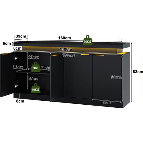 Mueble de cocina con iluminación LED, aparador de 4 puertas, vitrina con amplio espacio de almacenamiento para comedor y sala de estar, 160 × 39 × 83 cm (1/5)