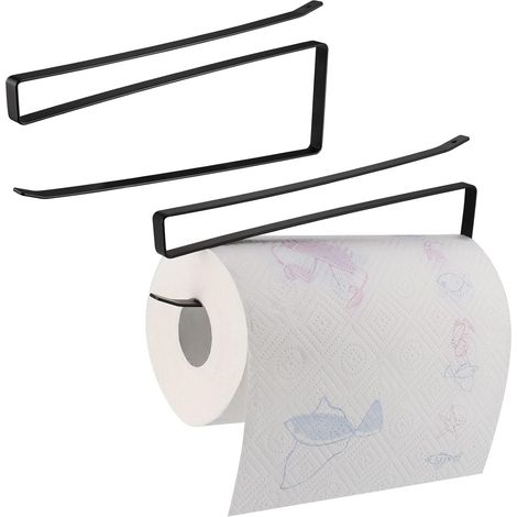 Lot de 2 distributeurs de papier essuie-tout noirs, sans perçage, à placer sous un meuble de cuisine, toilettes ou salon. Convient également pour la cuisine et le film alimentaire. Dimensions : 26 cm. (1/5)