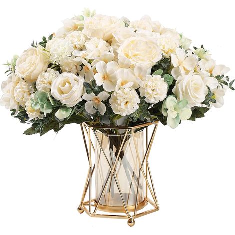 2 Bouquets Fleurs Artificielles en Soie,Pivoine Rose Artificielle Hortensia Bouquets Combinés pour Arrangement de Mariage, fête, décoration d'intérieur (Blanc) (1/5)