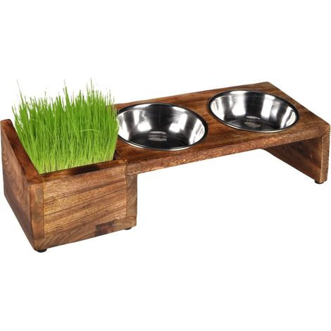 Gamelles avec support bois et bac pour herbe à chat, 42 cm, pour chat - Flamingo (1/5)