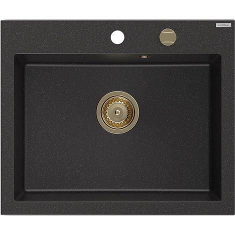 Mexen Elix fregadero de granito de 1 seno 600 x 500 mm, negro/plateado metálico, sifón dorado - 6525601005-73-G (1/5)
