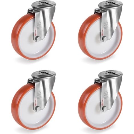 Lot de 4 roulettes à Oeil INOX pivotantes polyuréthane rouge 80 mm - 360Kg (1/2)
